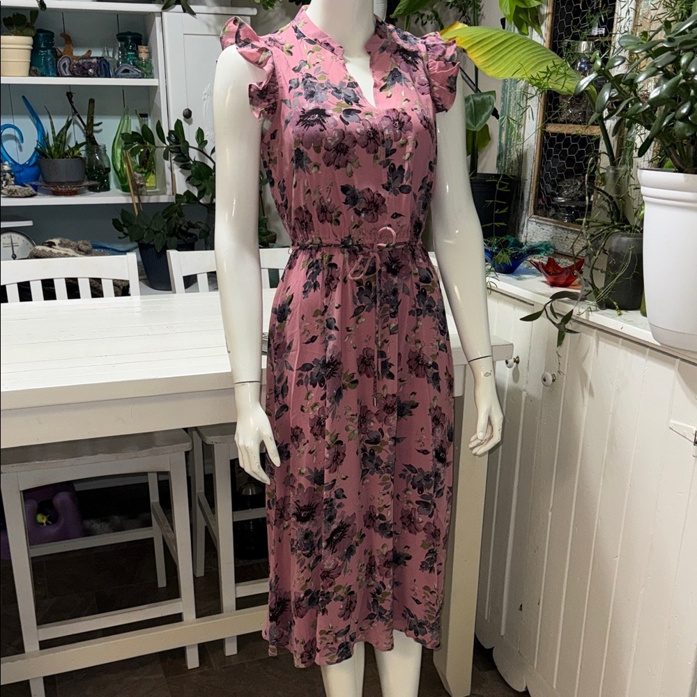 Suzy Shier Rose Pink Floral Ruffle Midi Dress XS NWOT